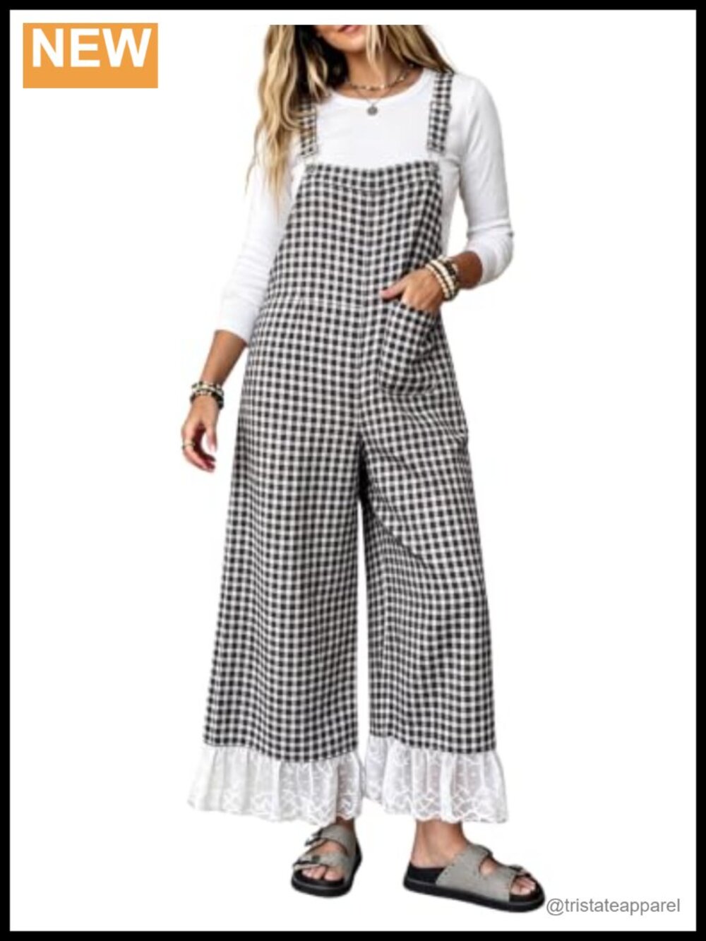 Womens Gingham Overalls Wide Leg Jumpsuit Lace Hem Pockets